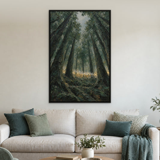 Forest Gold Seam, green abstract hand-painted canvas wall art in a living room – Gallery 23