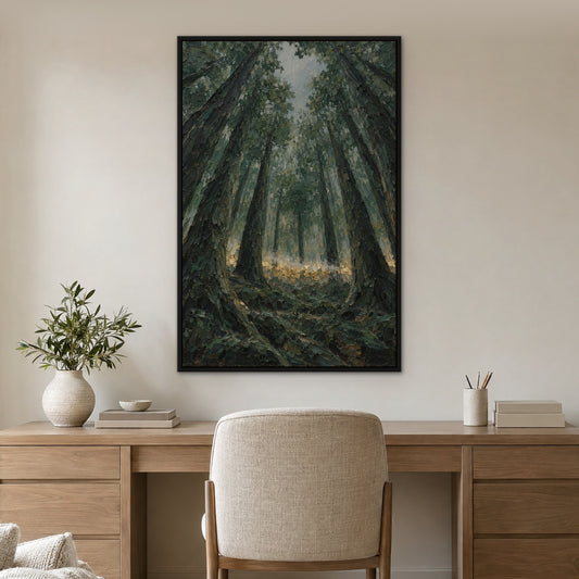 Forest Gold Seam, green abstract hand-painted canvas wall art in a home office – Gallery 23