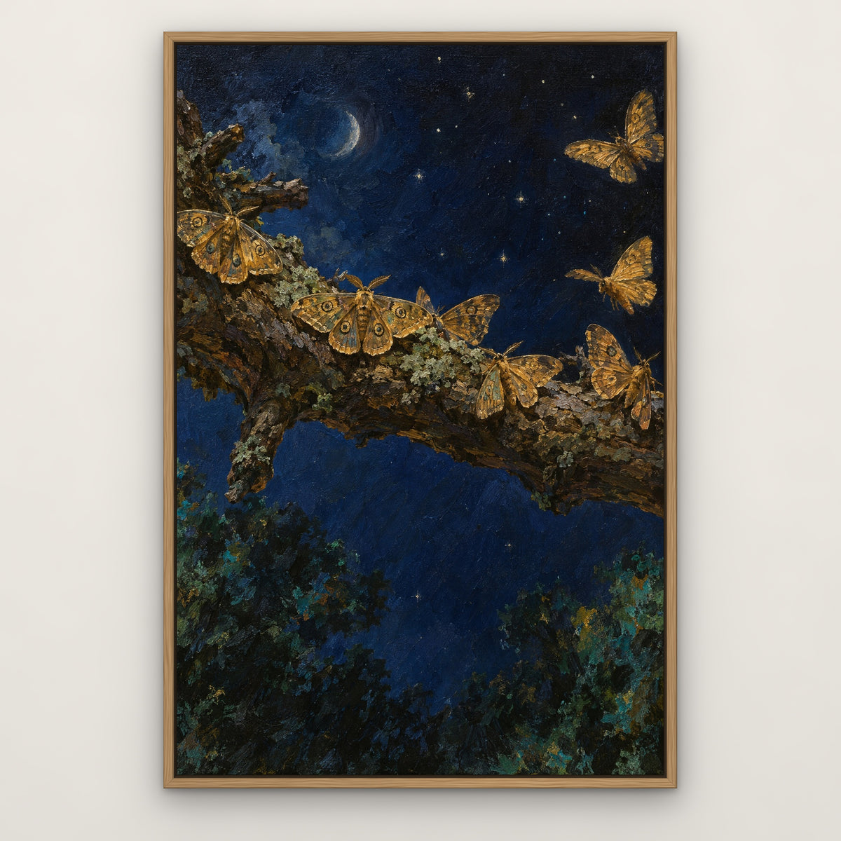 Midnight Moths, blue abstract hand-painted canvas wall art in a slim oak float frame – Gallery 23