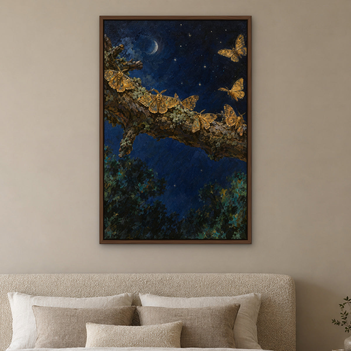 Midnight Moths, blue abstract hand-painted canvas wall art in a bedroom – Gallery 23