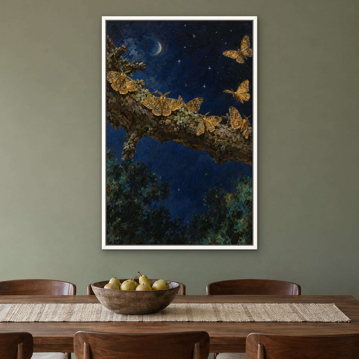 Midnight Moths, blue abstract hand-painted canvas wall art in a dining room – Gallery 23