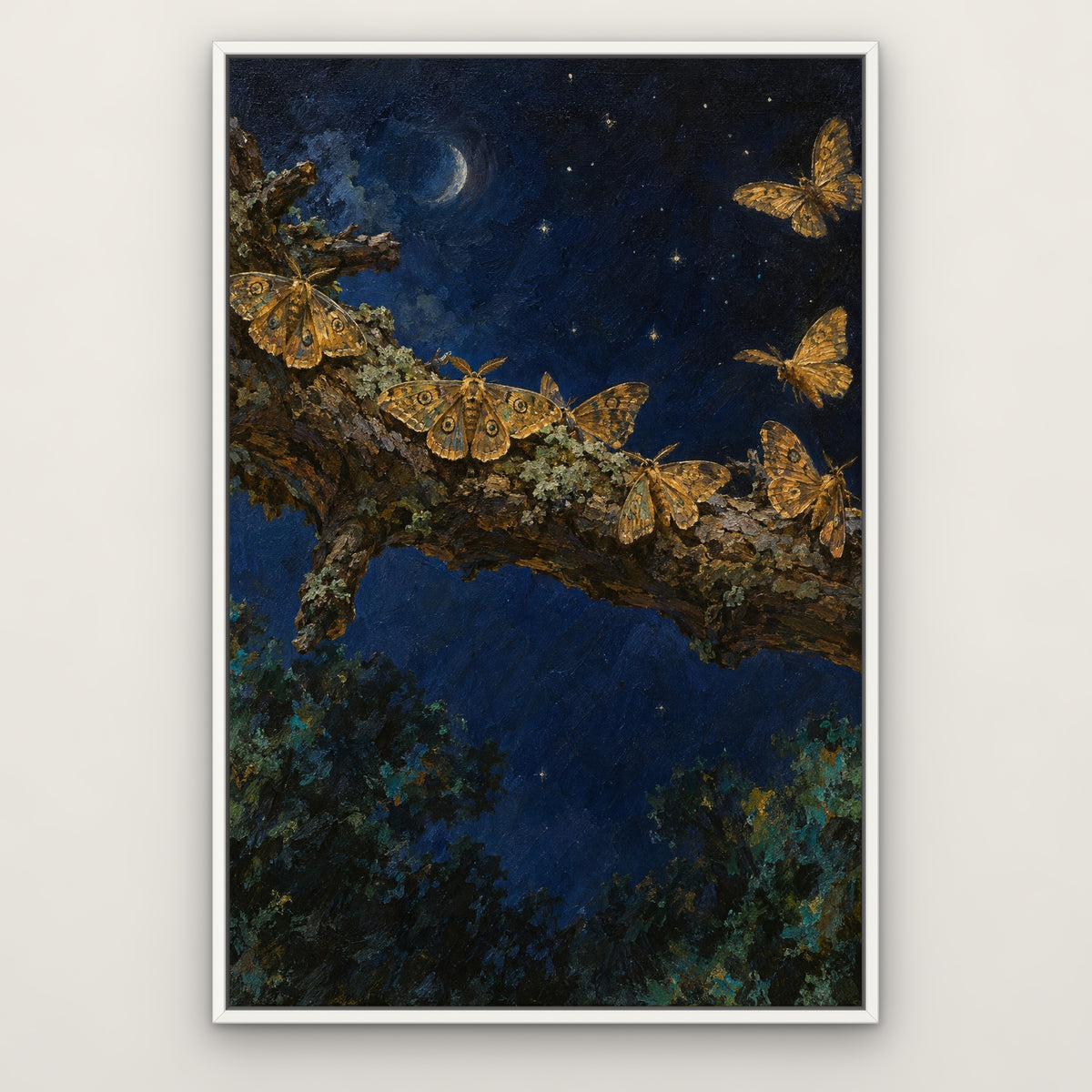 Midnight Moths, blue abstract hand-painted canvas wall art in a slim white float frame – Gallery 23