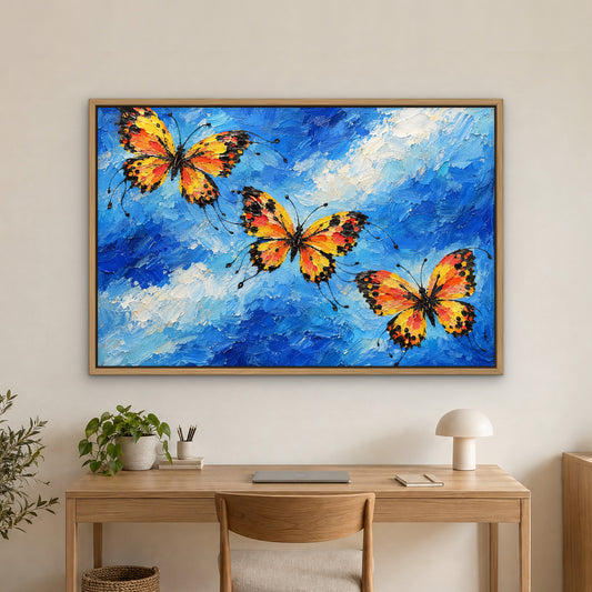 Ink Blot Butterflies, blue abstract hand-painted canvas wall art in a home office – Gallery 23