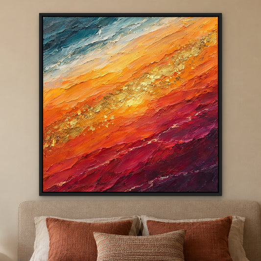 Sunset Stripes, colourful abstract hand-painted canvas wall art in a bedroom – Gallery 23