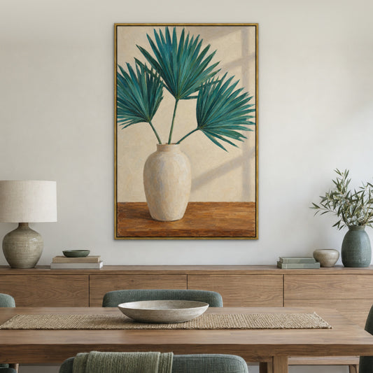 Teal Fan Leaves, green abstract hand-painted canvas wall art in a dining room – Gallery 23