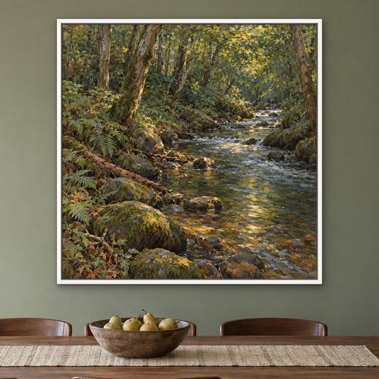Woodland Stream, blue mountain landscape hand-painted canvas wall art in a dining room – Gallery 23