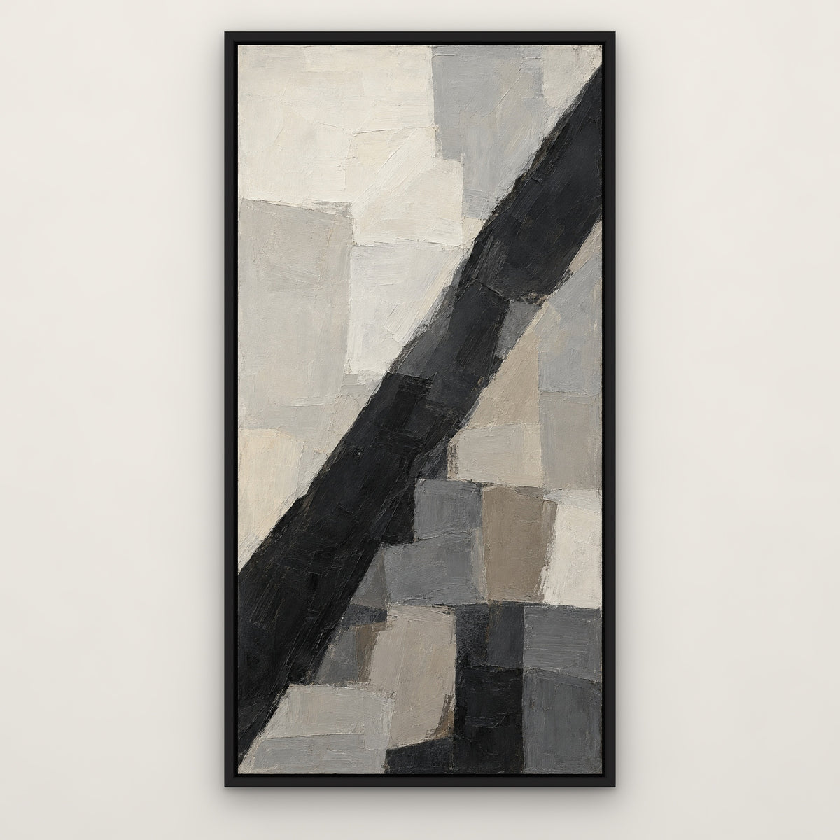 Ash and Ivory, brown abstract hand-painted canvas wall art in a slim black float frame – Gallery 23