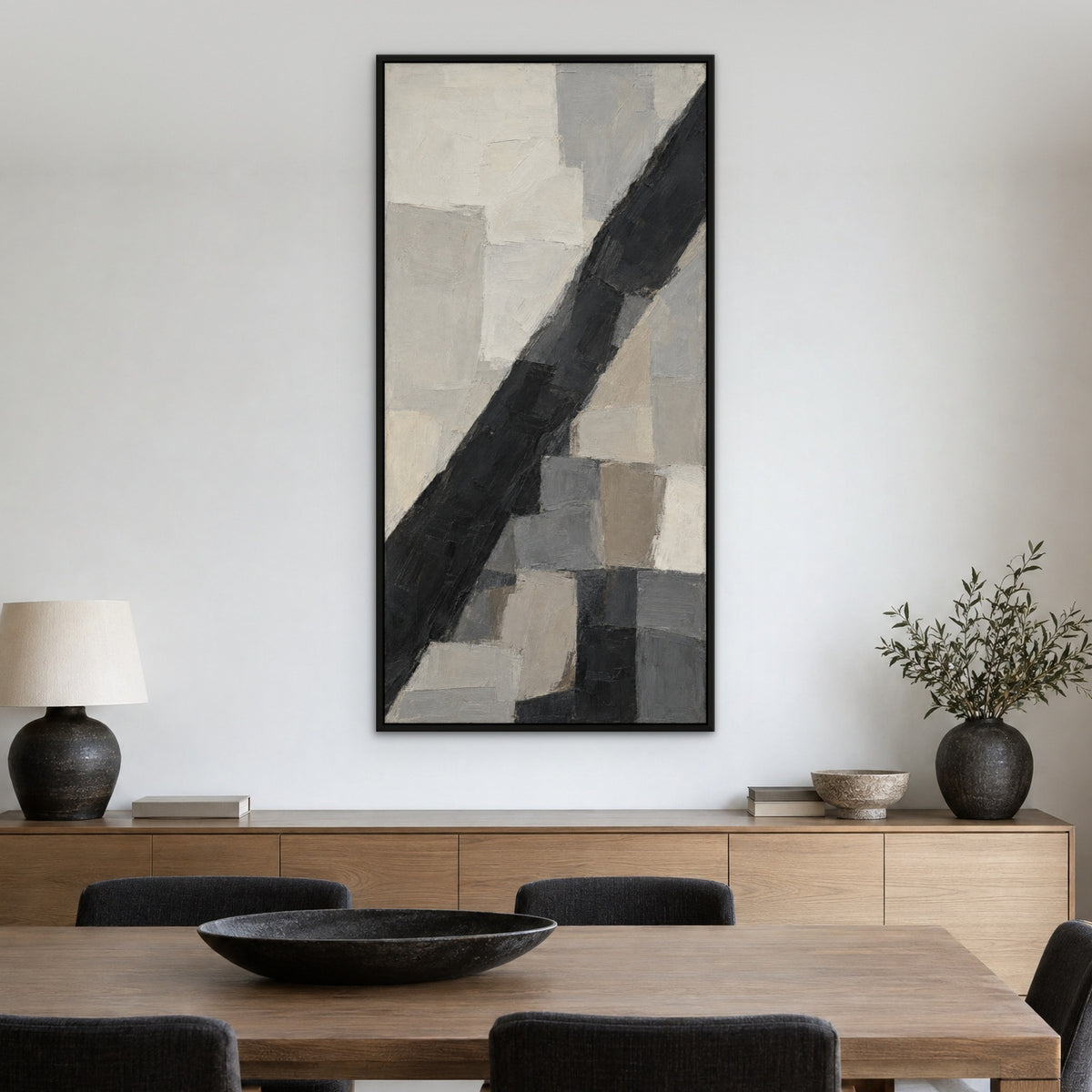 Ash and Ivory, brown abstract hand-painted canvas wall art in a dining room – Gallery 23
