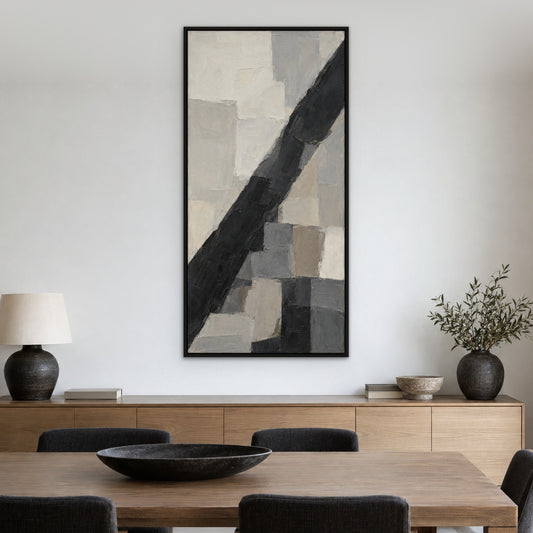 Ash and Ivory, brown abstract hand-painted canvas wall art in a dining room – Gallery 23