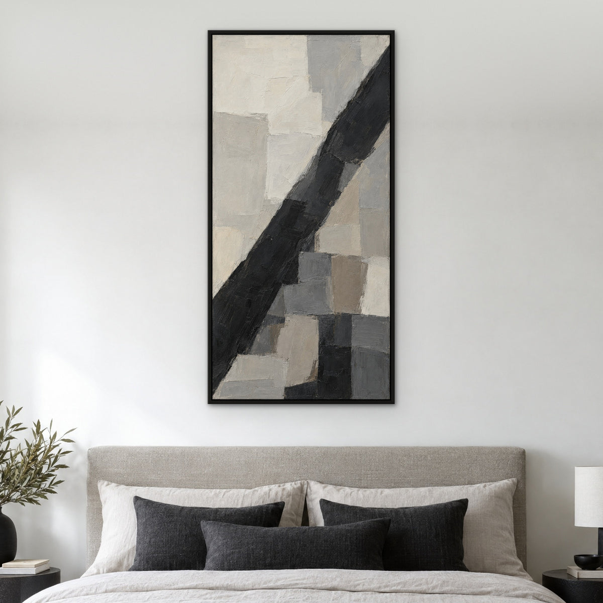 Ash and Ivory, brown abstract hand-painted canvas wall art in a bedroom – Gallery 23