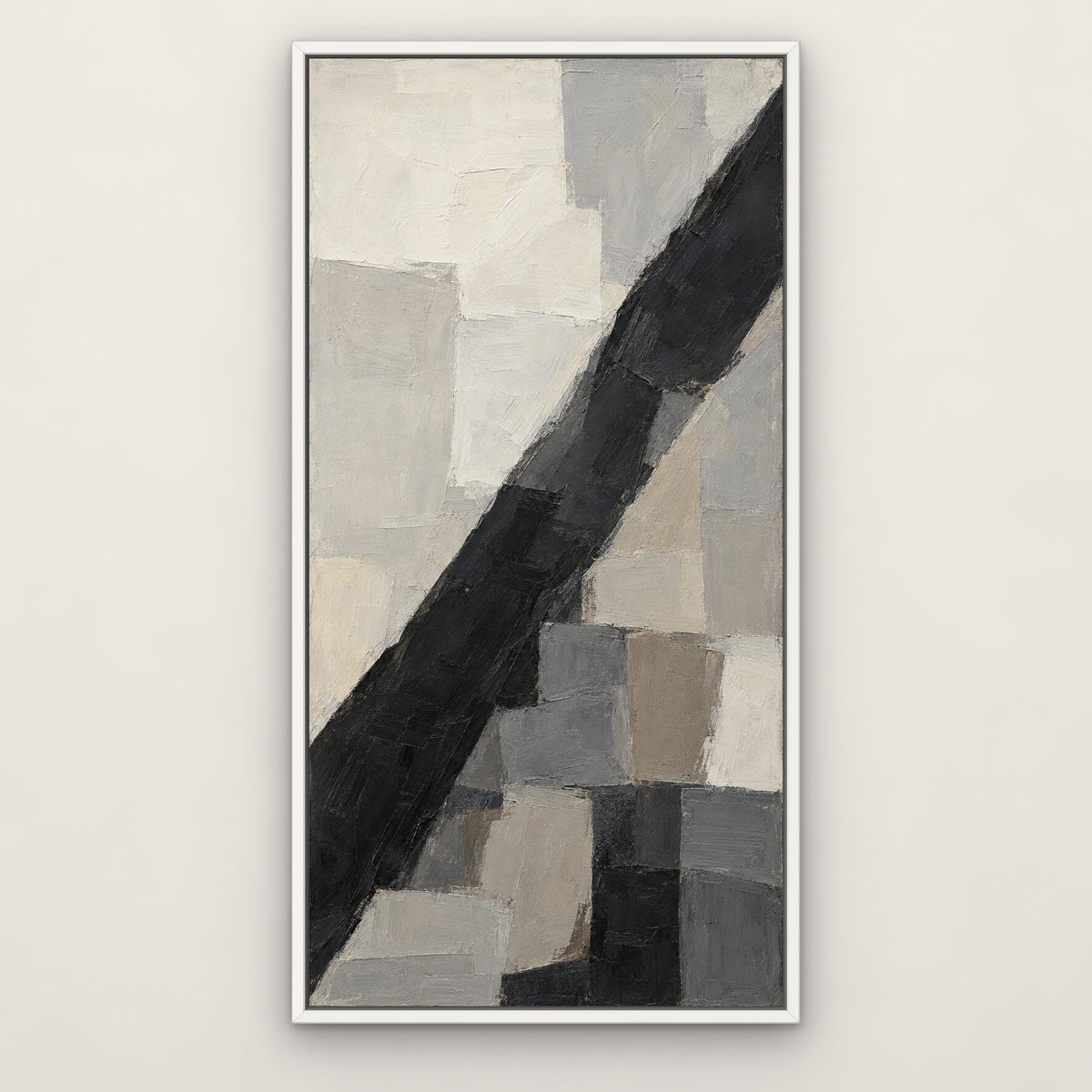 Ash and Ivory, brown abstract hand-painted canvas wall art in a slim white float frame – Gallery 23
