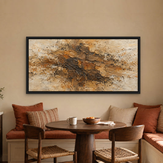 Earthen Drip Field, gold abstract hand-painted canvas wall art in a kitchen nook – Gallery 23