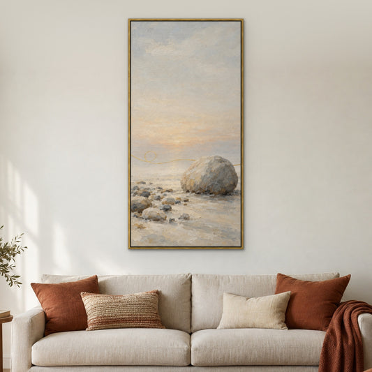 Stone and Gold Line, grey abstract hand-painted canvas wall art in a living room – Gallery 23