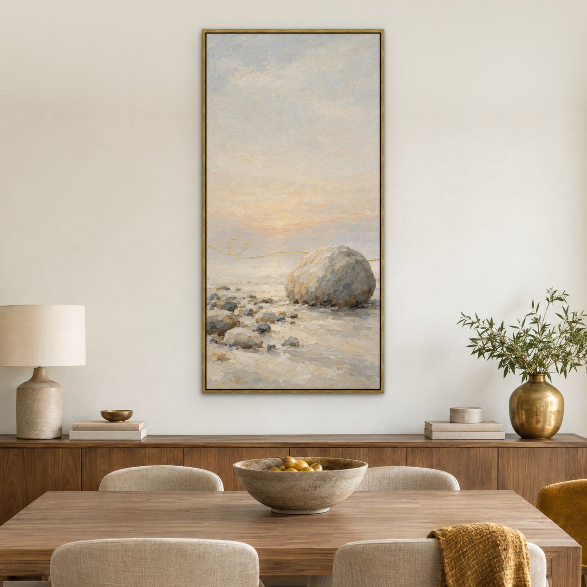 Stone and Gold Line, grey abstract hand-painted canvas wall art in a dining room – Gallery 23