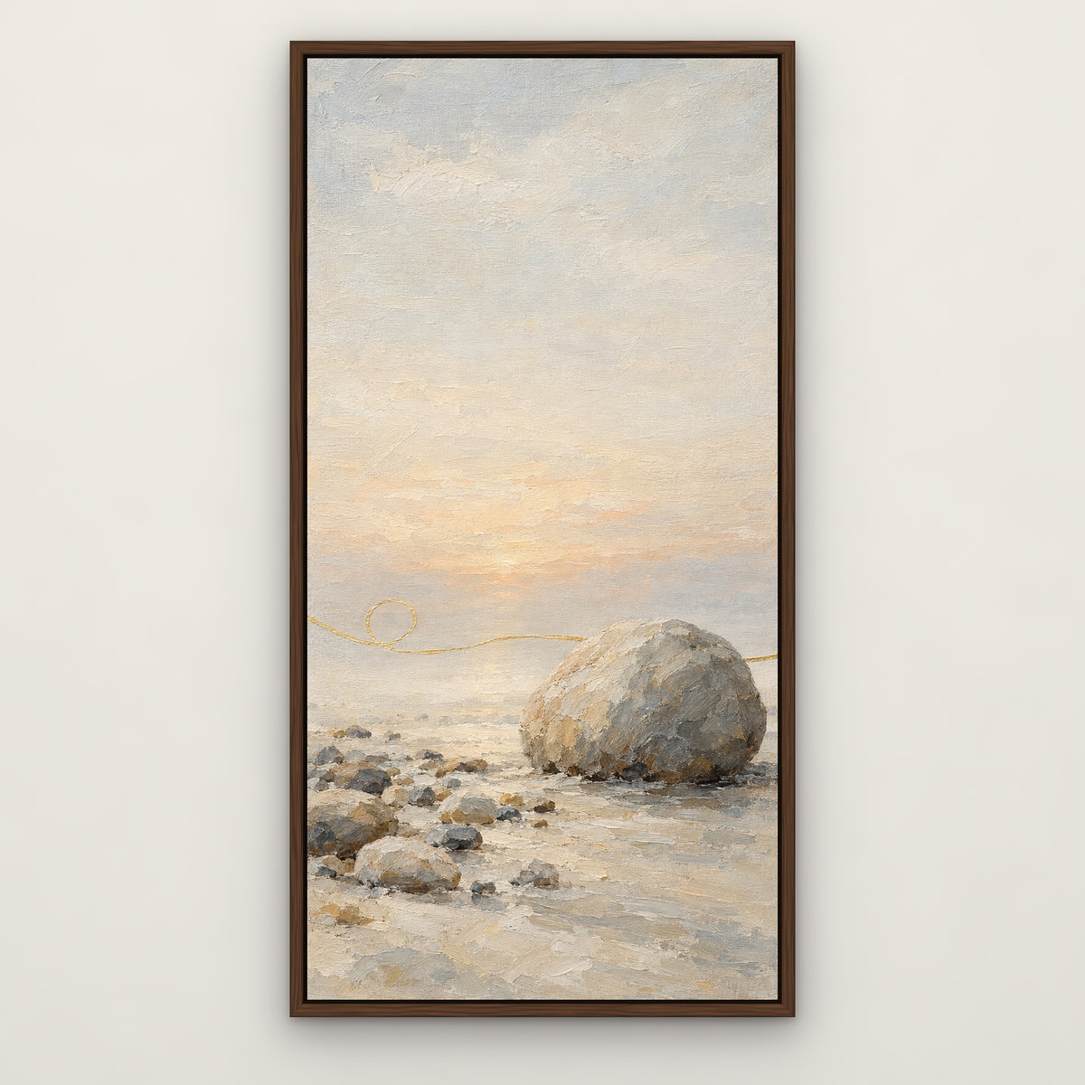 Stone and Gold Line, grey abstract hand-painted canvas wall art in a slim walnut float frame – Gallery 23