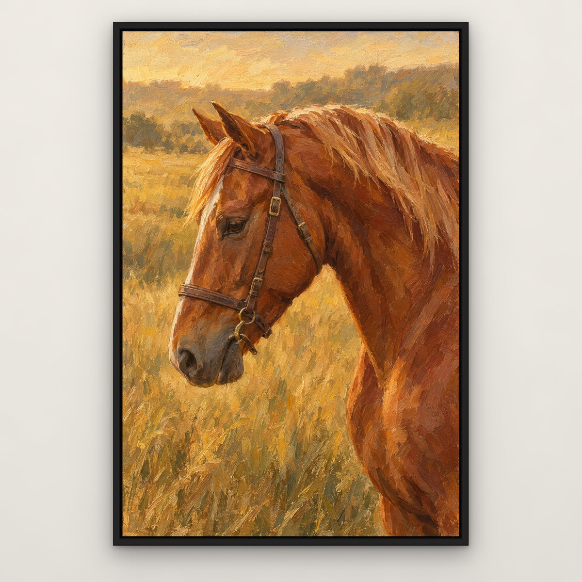 Chestnut Bridle, brown animal hand-painted canvas wall art in a slim black float frame – Gallery 23