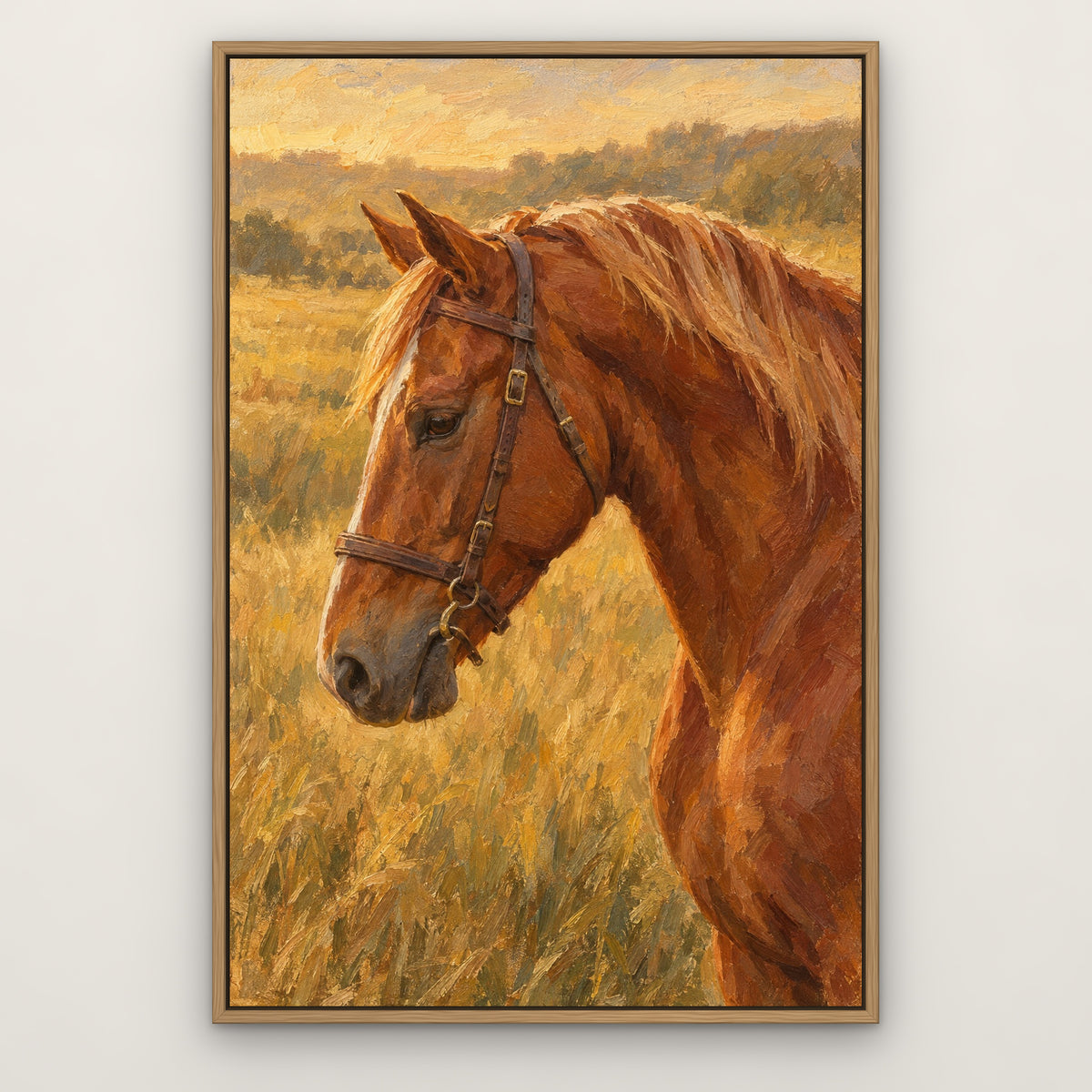 Chestnut Bridle, brown animal hand-painted canvas wall art in a slim oak float frame – Gallery 23