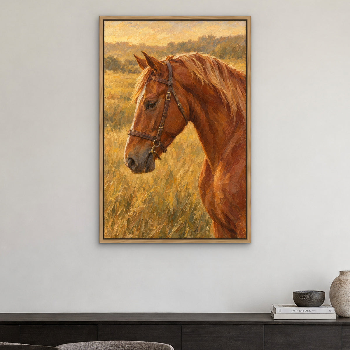 Chestnut Bridle, brown animal hand-painted canvas wall art in a dining room – Gallery 23