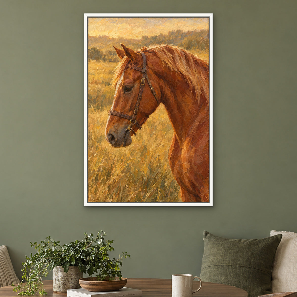 Chestnut Bridle, brown animal hand-painted canvas wall art in a kitchen nook – Gallery 23