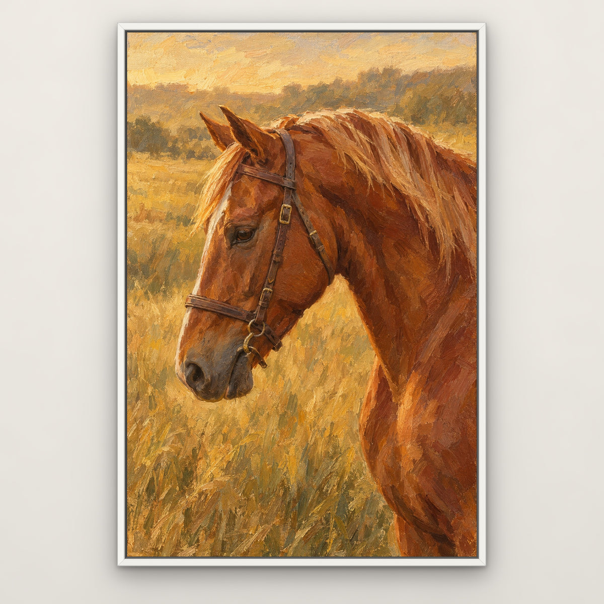 Chestnut Bridle, brown animal hand-painted canvas wall art in a slim white float frame – Gallery 23