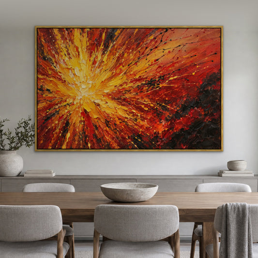 Firework Drip Storm, red abstract hand-painted canvas wall art in a dining room – Gallery 23