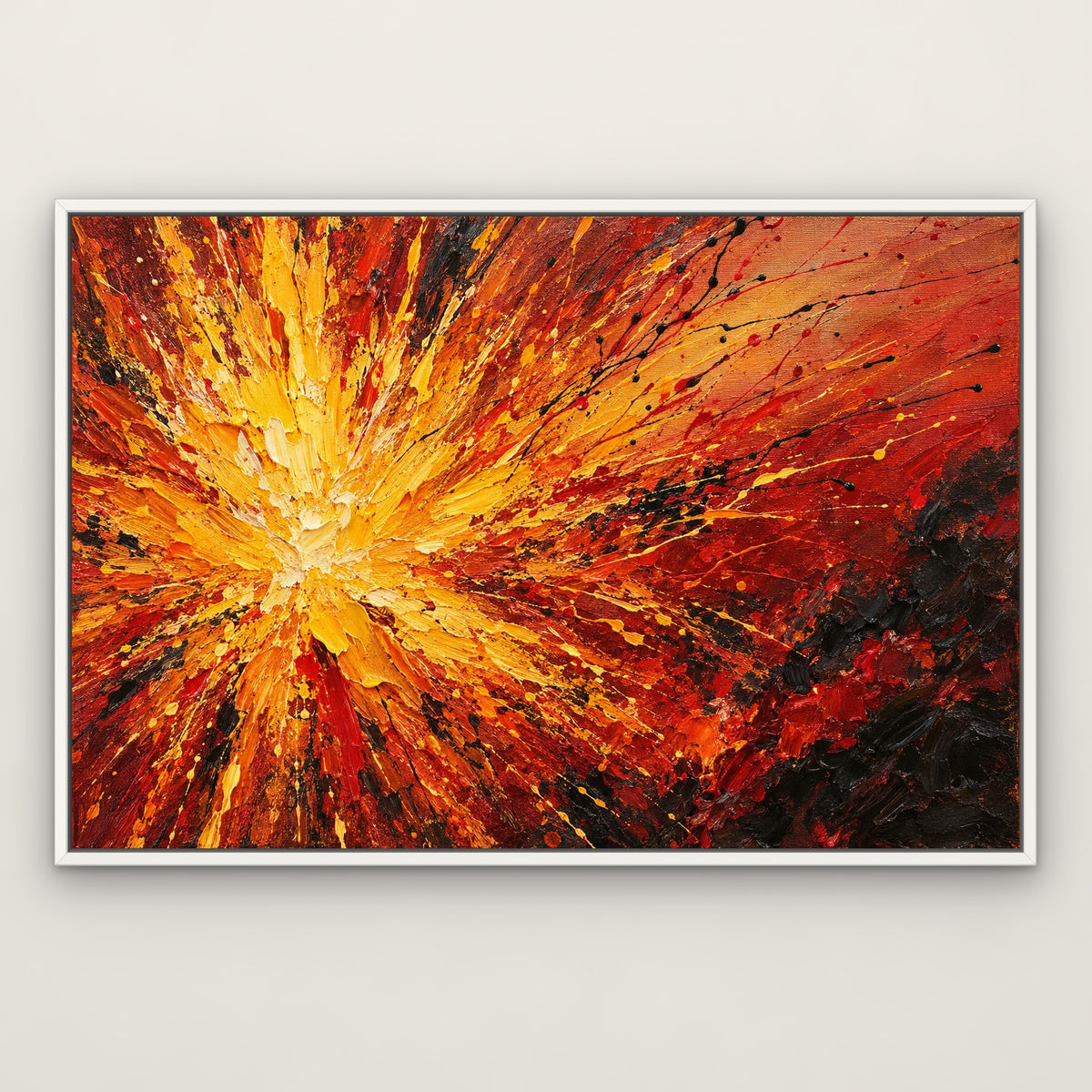 Firework Drip Storm, red abstract hand-painted canvas wall art in a slim white float frame – Gallery 23