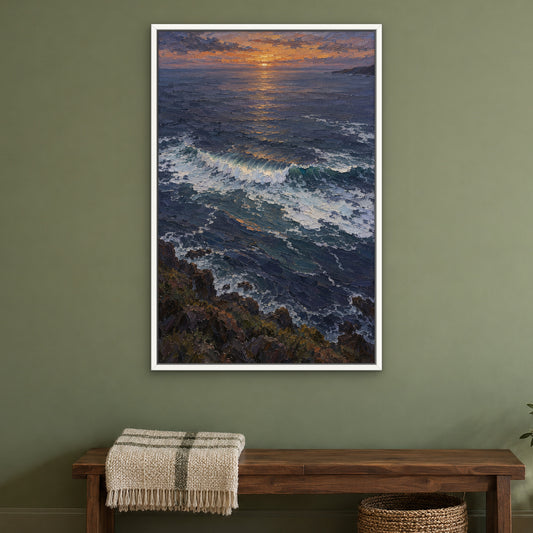 Cresting Wave, blue seascape hand-painted canvas wall art in a bedroom – Gallery 23