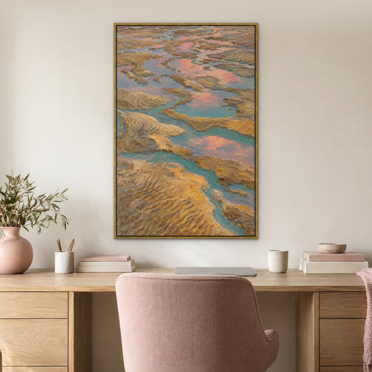 Rosy Tide Flats, blue abstract hand-painted canvas wall art in a home office – Gallery 23