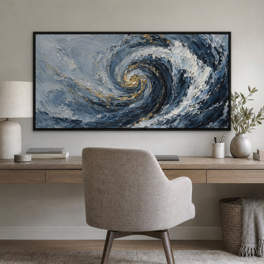 Gilded Glacier Wave, blue abstract hand-painted canvas wall art in a home office – Gallery 23
