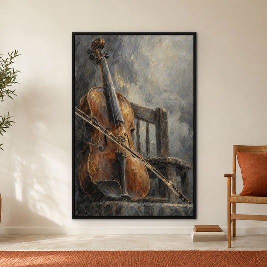 Violin in the Mist, gold figurative hand-painted canvas wall art in a hallway – Gallery 23
