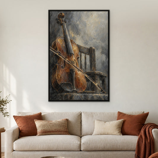 Violin in the Mist, gold figurative hand-painted canvas wall art in a living room – Gallery 23
