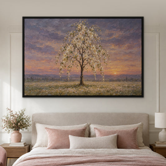 Pearl Blossom Tree, grey floral hand-painted canvas wall art in a bedroom – Gallery 23