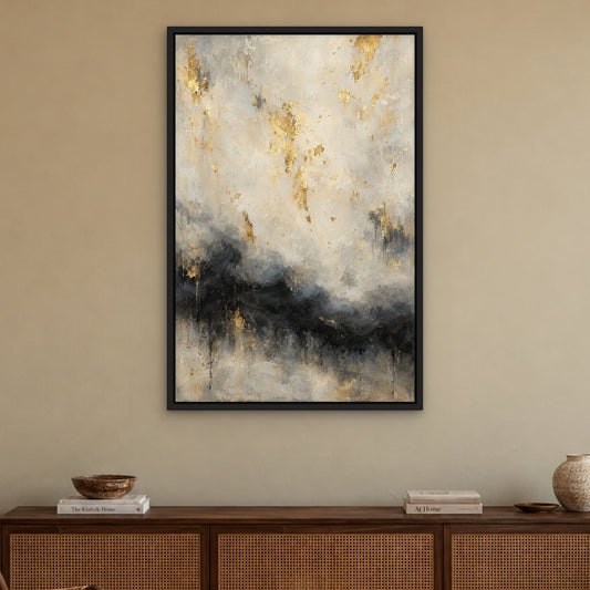 Charcoal Gold Mist, black and white abstract hand-painted canvas wall art in a living room – Gallery 23