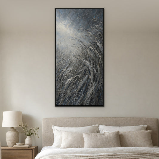 Silver Grass Rain, black and white abstract hand-painted canvas wall art in a bedroom – Gallery 23