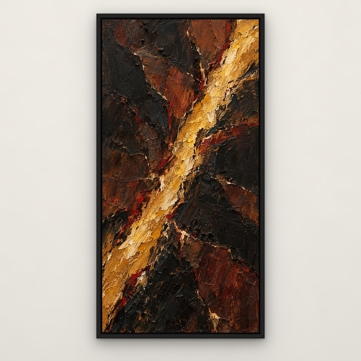 Golden Fissure, yellow abstract hand-painted canvas wall art in a slim black float frame – Gallery 23