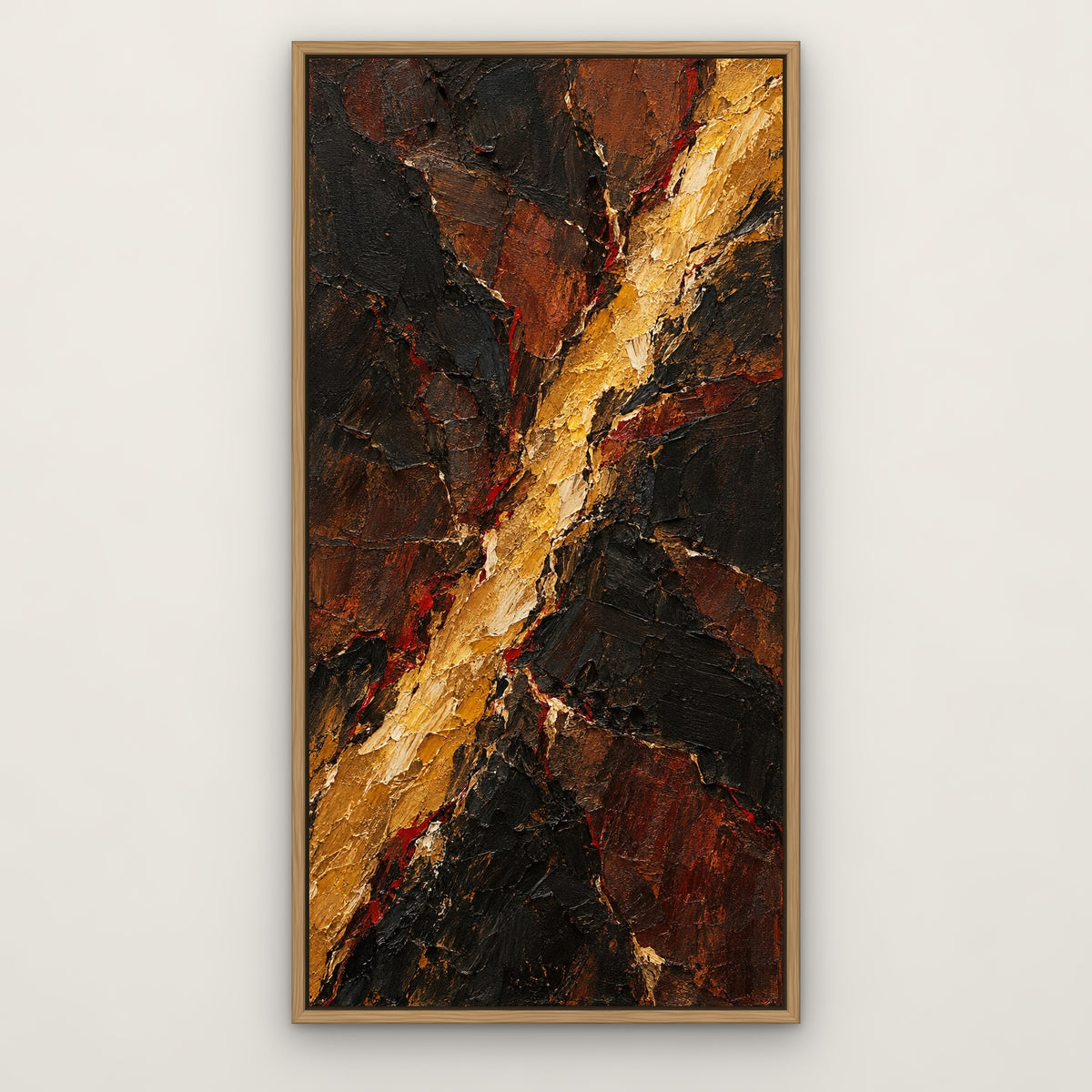Golden Fissure, yellow abstract hand-painted canvas wall art in a slim oak float frame – Gallery 23