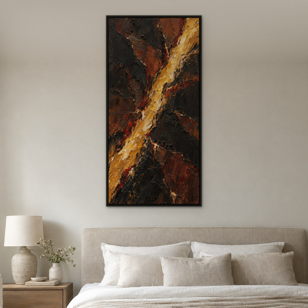 Golden Fissure, yellow abstract hand-painted canvas wall art in a bedroom – Gallery 23