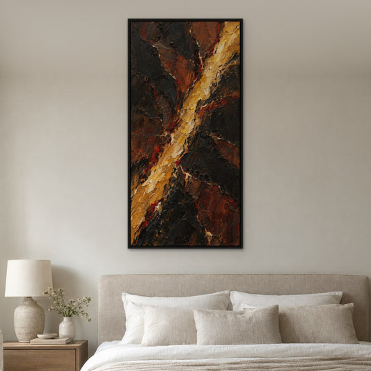 Golden Fissure, yellow abstract hand-painted canvas wall art in a bedroom – Gallery 23