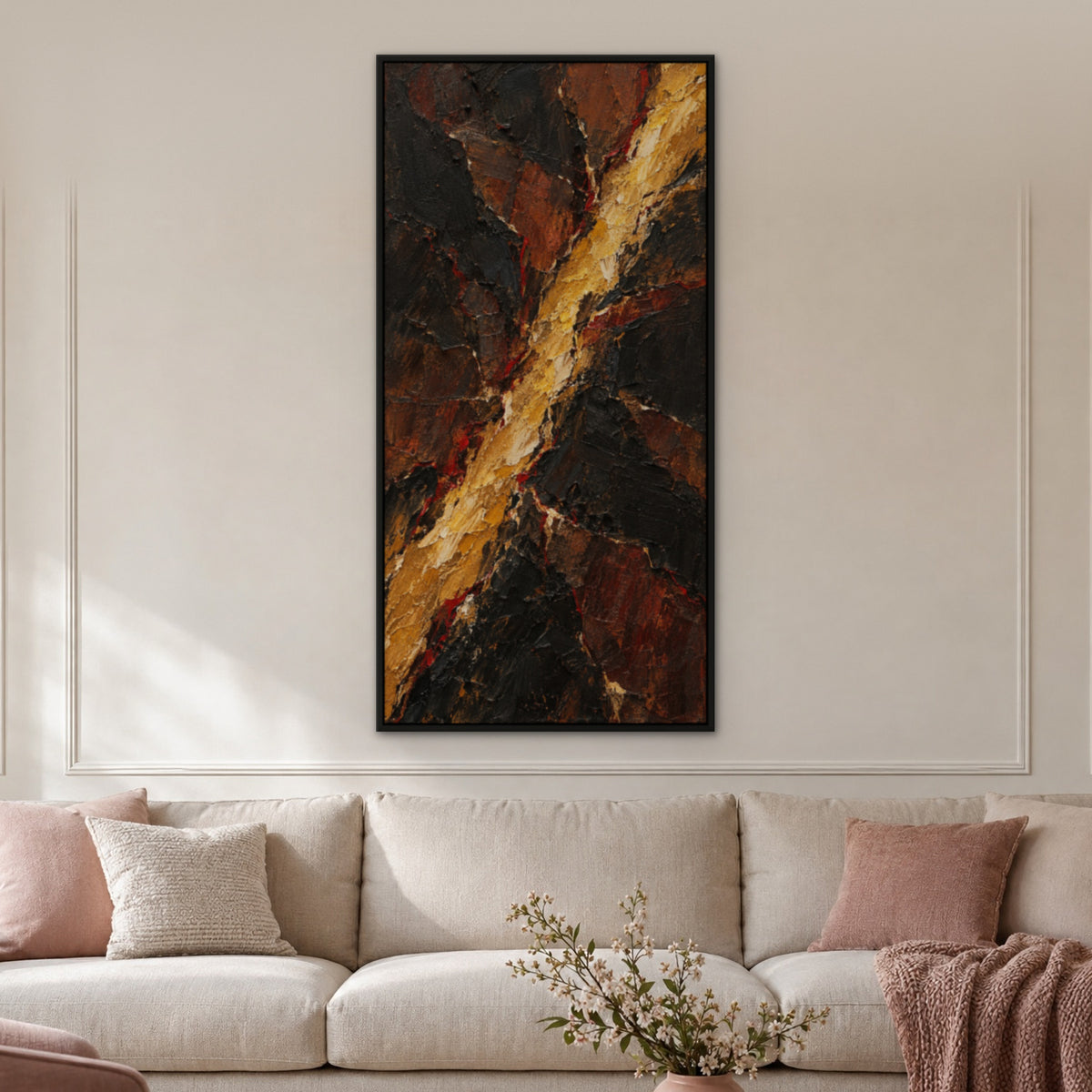Golden Fissure, yellow abstract hand-painted canvas wall art in a living room – Gallery 23
