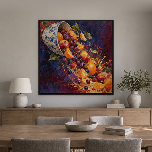 Fruit Bowl Explosion, colourful still life hand-painted canvas wall art in a dining room – Gallery 23