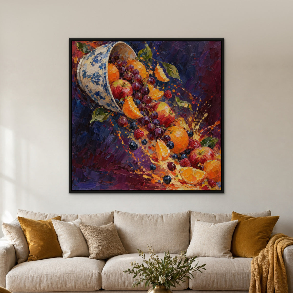 Fruit Bowl Explosion, colourful still life hand-painted canvas wall art in a living room – Gallery 23
