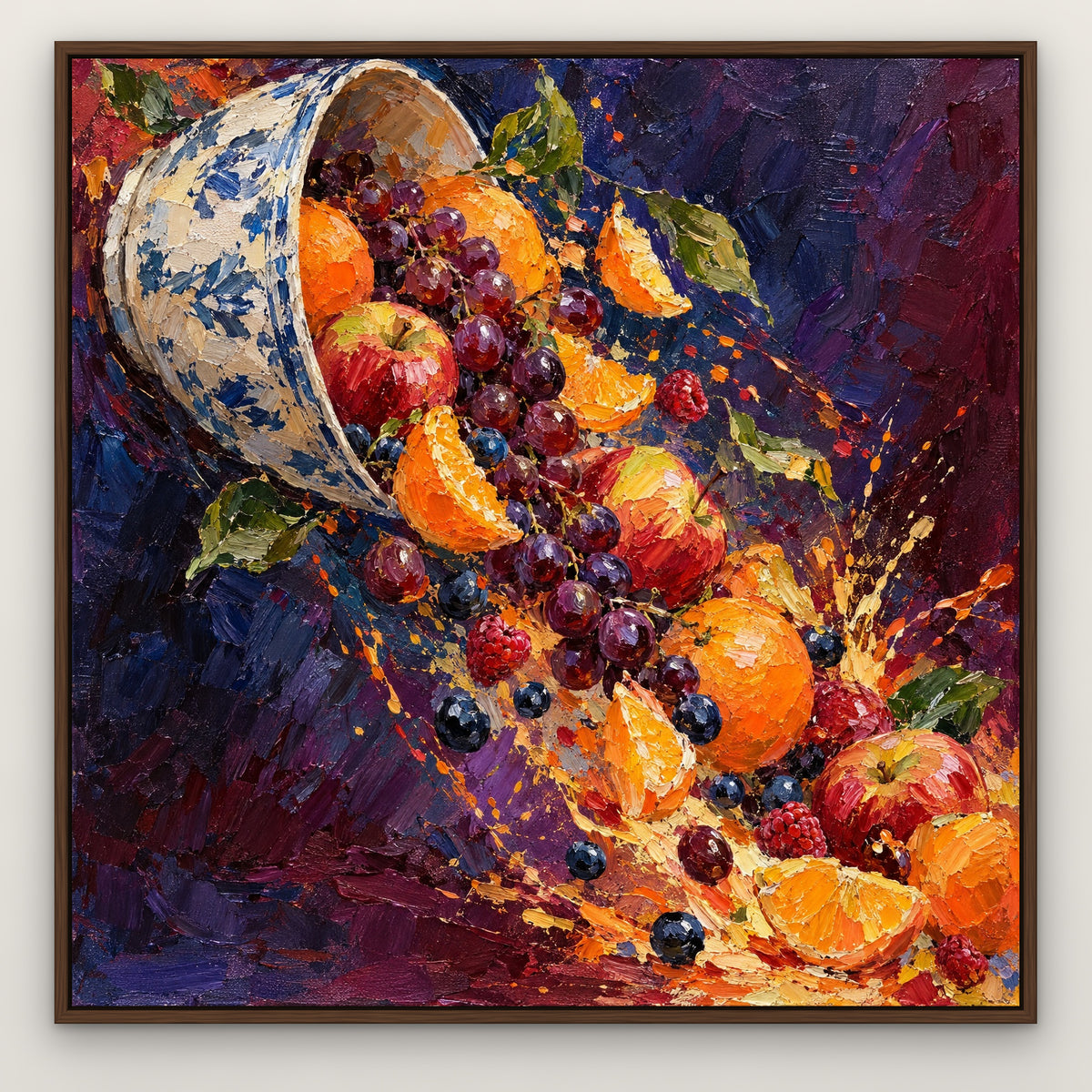Fruit Bowl Explosion, colourful still life hand-painted canvas wall art in a slim walnut float frame – Gallery 23