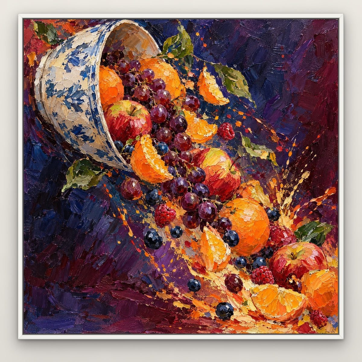 Fruit Bowl Explosion, colourful still life hand-painted canvas wall art in a slim white float frame – Gallery 23