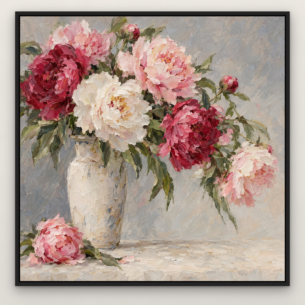 Peony Vase, grey floral hand-painted canvas wall art in a slim black float frame – Gallery 23