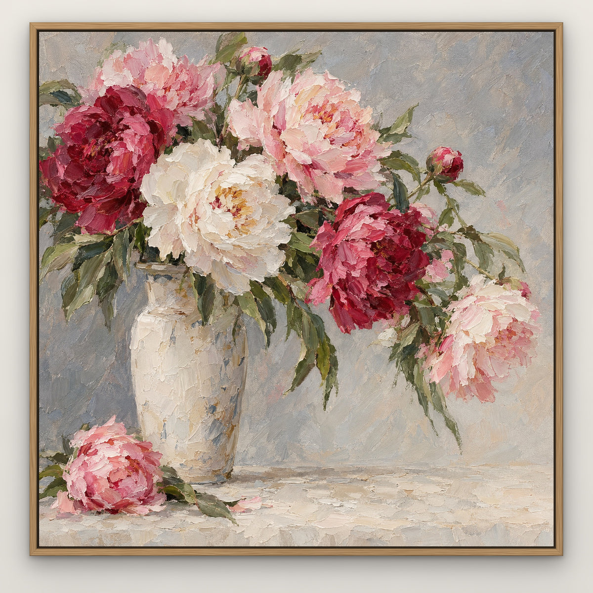 Peony Vase, grey floral hand-painted canvas wall art in a slim oak float frame – Gallery 23
