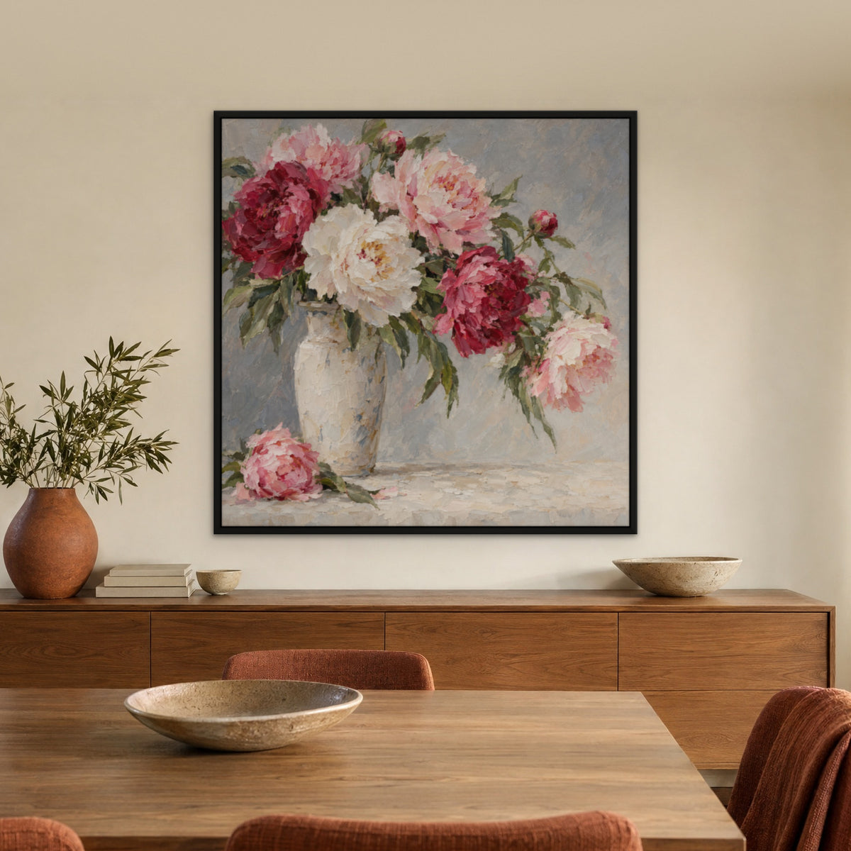 Peony Vase, grey floral hand-painted canvas wall art in a dining room – Gallery 23