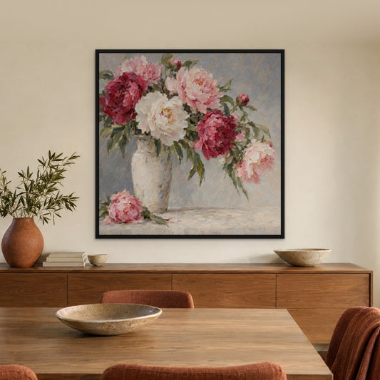 Peony Vase, grey floral hand-painted canvas wall art in a dining room – Gallery 23