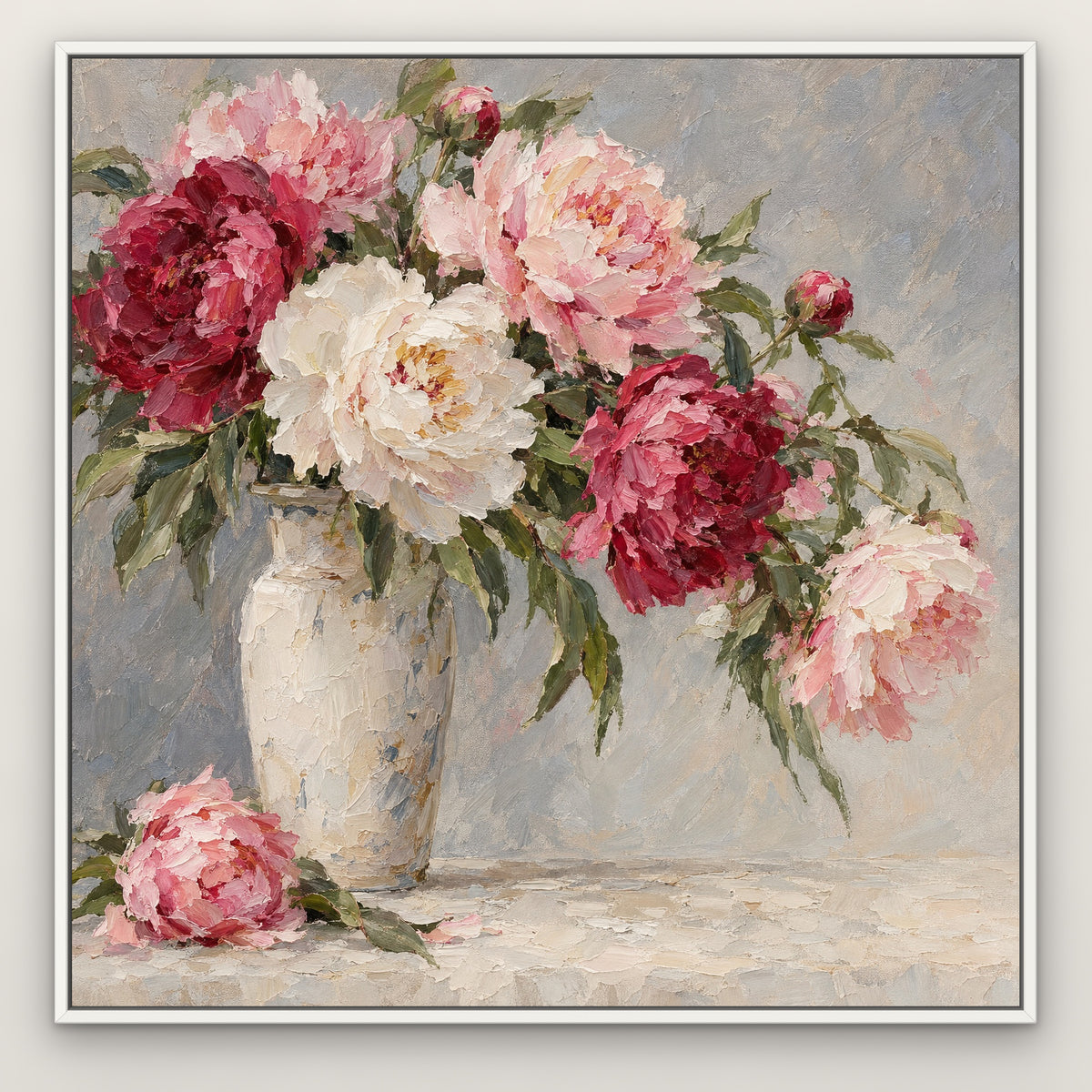 Peony Vase, grey floral hand-painted canvas wall art in a slim white float frame – Gallery 23
