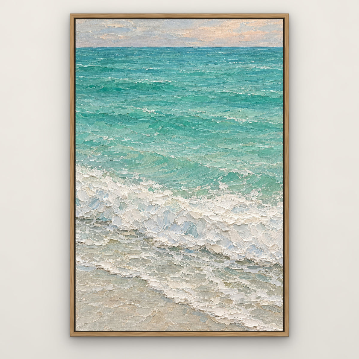 Mint Tide, teal abstract hand-painted canvas wall art in a slim oak float frame – Gallery 23