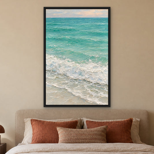 Mint Tide, teal abstract hand-painted canvas wall art in a bedroom – Gallery 23